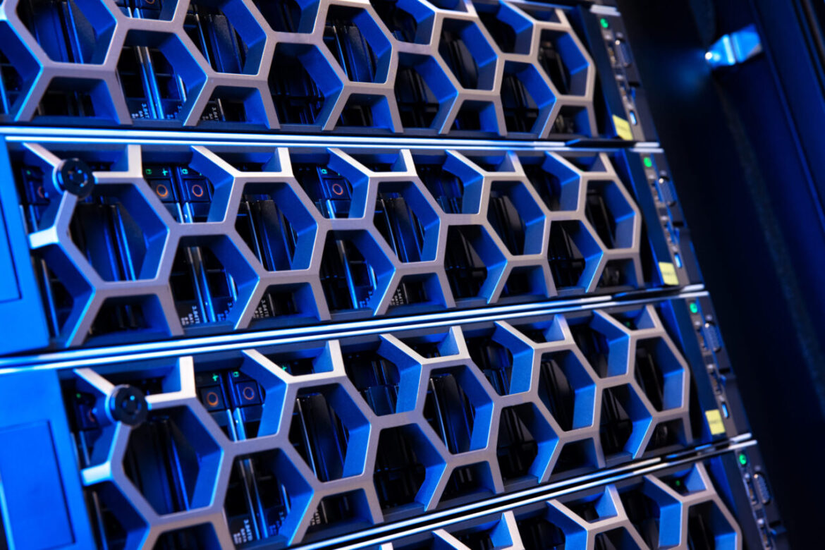Illuminated Blue Server Hardware In Modern Datacenter